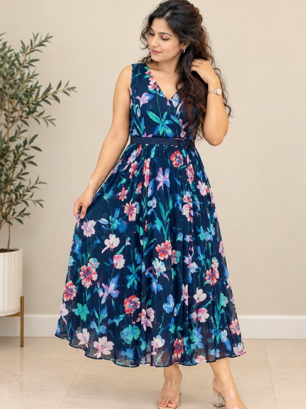 Talbots Size 12 Navy Floral Pleated Midi Dress NWOT